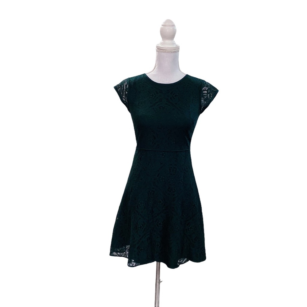 0P Dark Green Lace Fit and Flare Zip Up Back Mini Dress